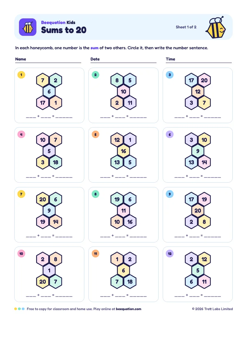 First page of the Beequation Kids puzzle pack: twelve colourful honeycomb puzzles with Indie the bee and spaces to write the number sentence