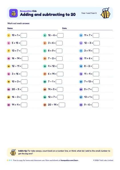 Preview of the Adding and subtracting to 20 worksheet