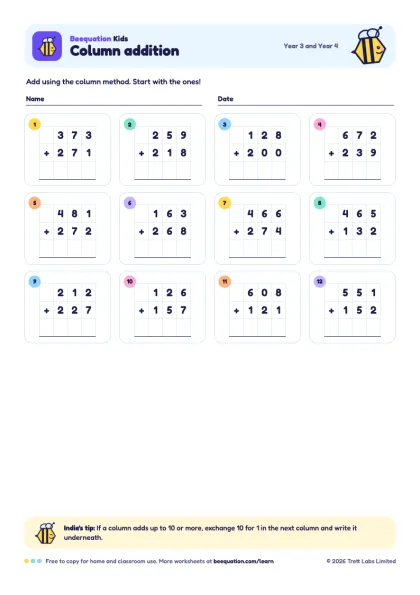 Preview of the Column addition worksheet