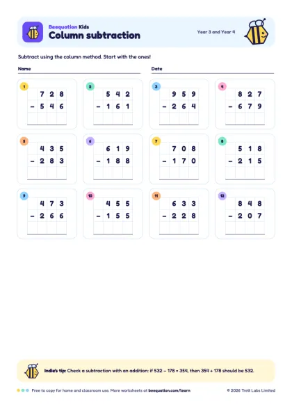 Preview of the Column subtraction worksheet