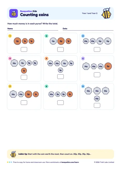 Preview of the Counting coins worksheet