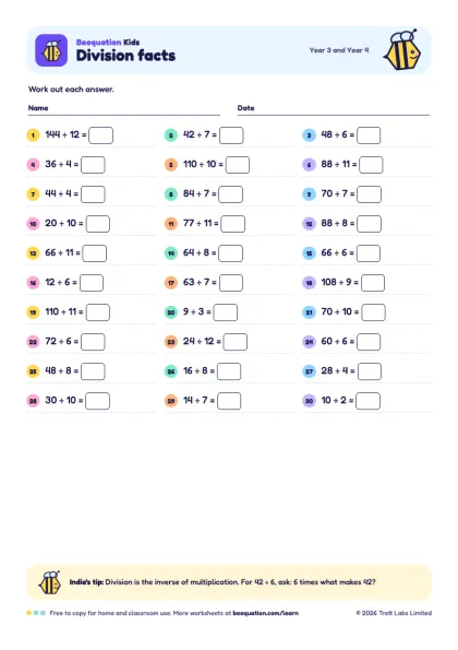 Preview of the Division facts worksheet