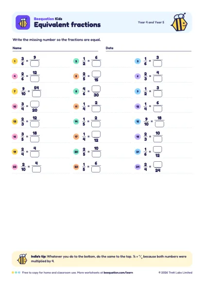 Preview of the Equivalent fractions worksheet