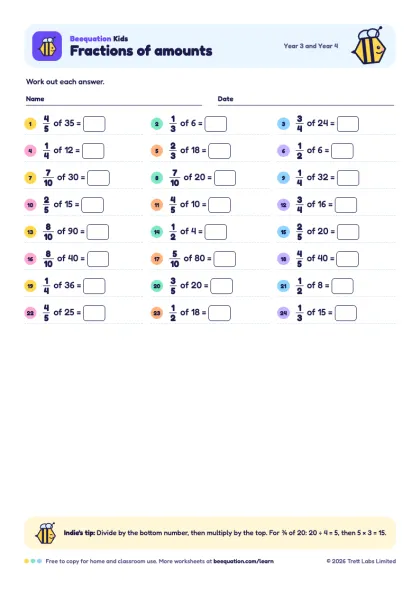 Preview of the Fractions of amounts worksheet