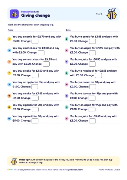 Preview of the Giving change worksheet