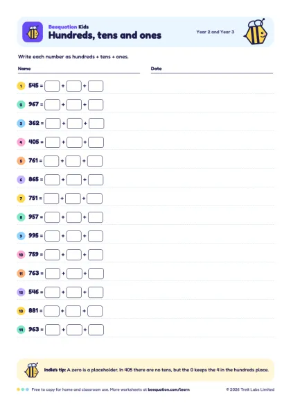 Preview of the Hundreds, tens and ones worksheet