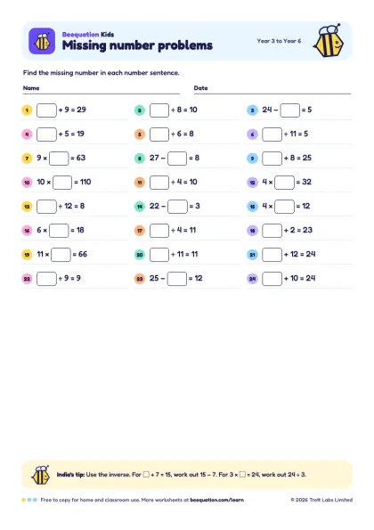 Preview of the Missing number problems worksheet
