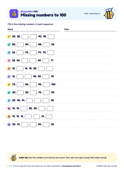 Preview of the Missing numbers to 100 worksheet