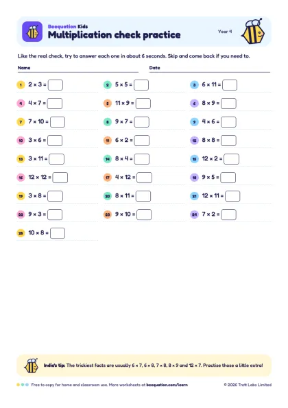 Preview of the Multiplication check practice worksheet