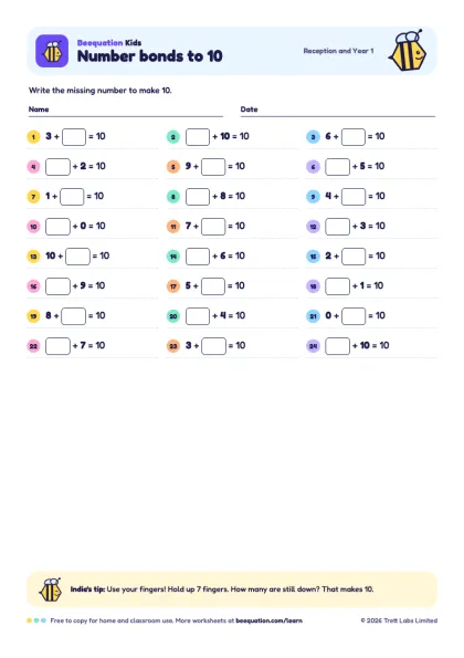 Preview of the Number bonds to 10 worksheet
