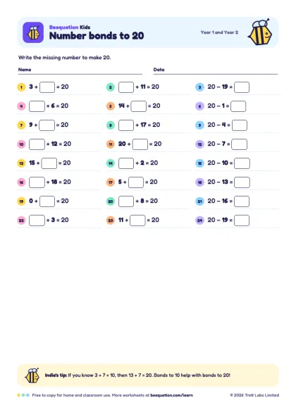 Preview of the Number bonds to 20 worksheet