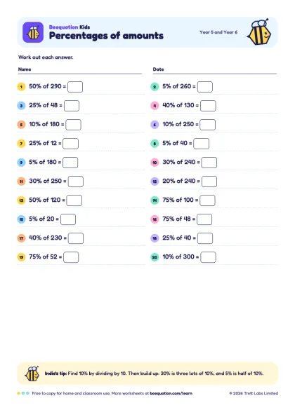 Preview of the Percentages of amounts worksheet