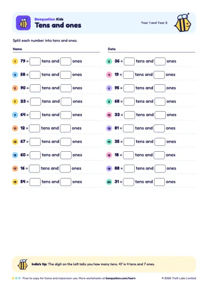 Preview of the Tens and ones worksheet