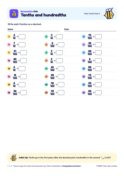 Preview of the Tenths and hundredths worksheet