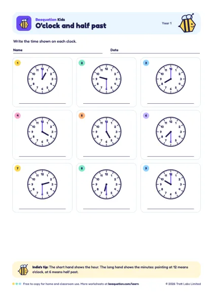 Preview of the O'clock and half past worksheet