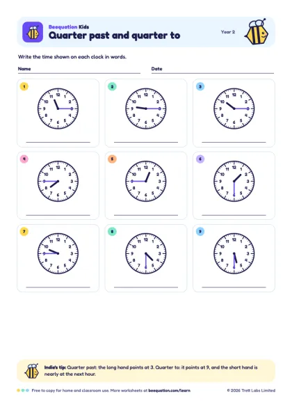 Preview of the Quarter past and quarter to worksheet