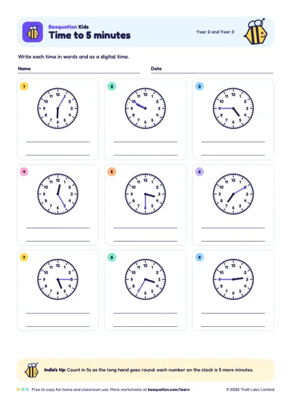 Preview of the Time to 5 minutes worksheet
