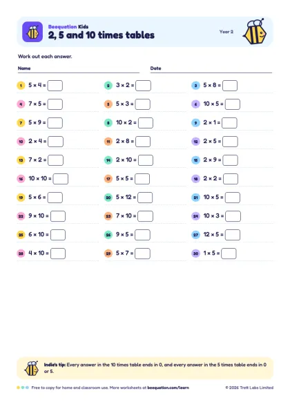 Preview of the 2, 5 and 10 times tables worksheet