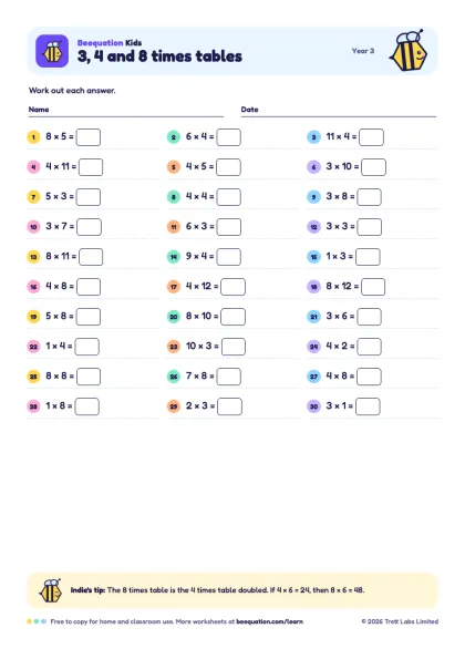 Preview of the 3, 4 and 8 times tables worksheet